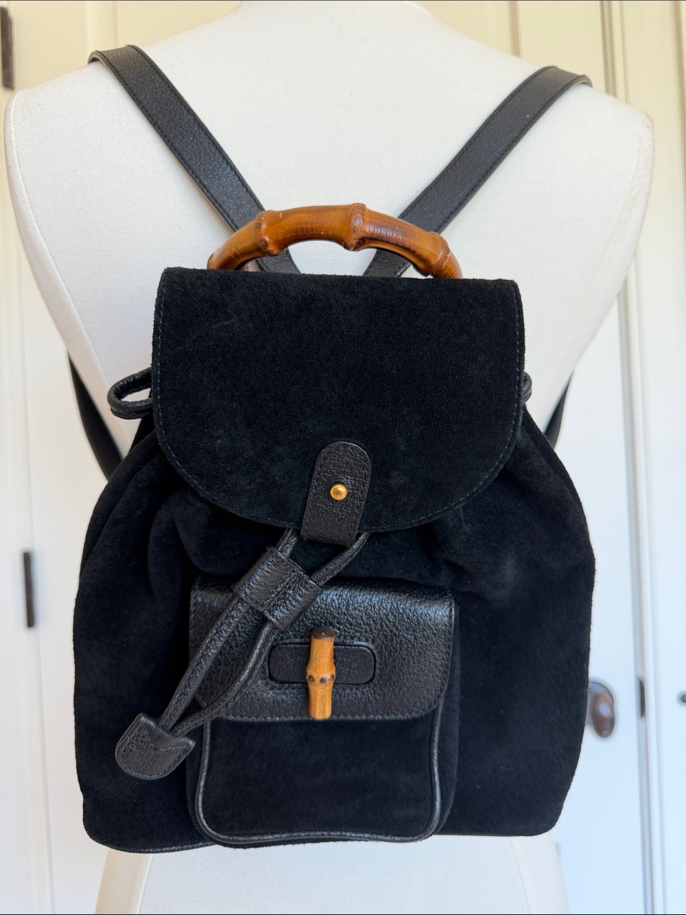 Gucci Black Suede Backpack with Bamboo Top Handle